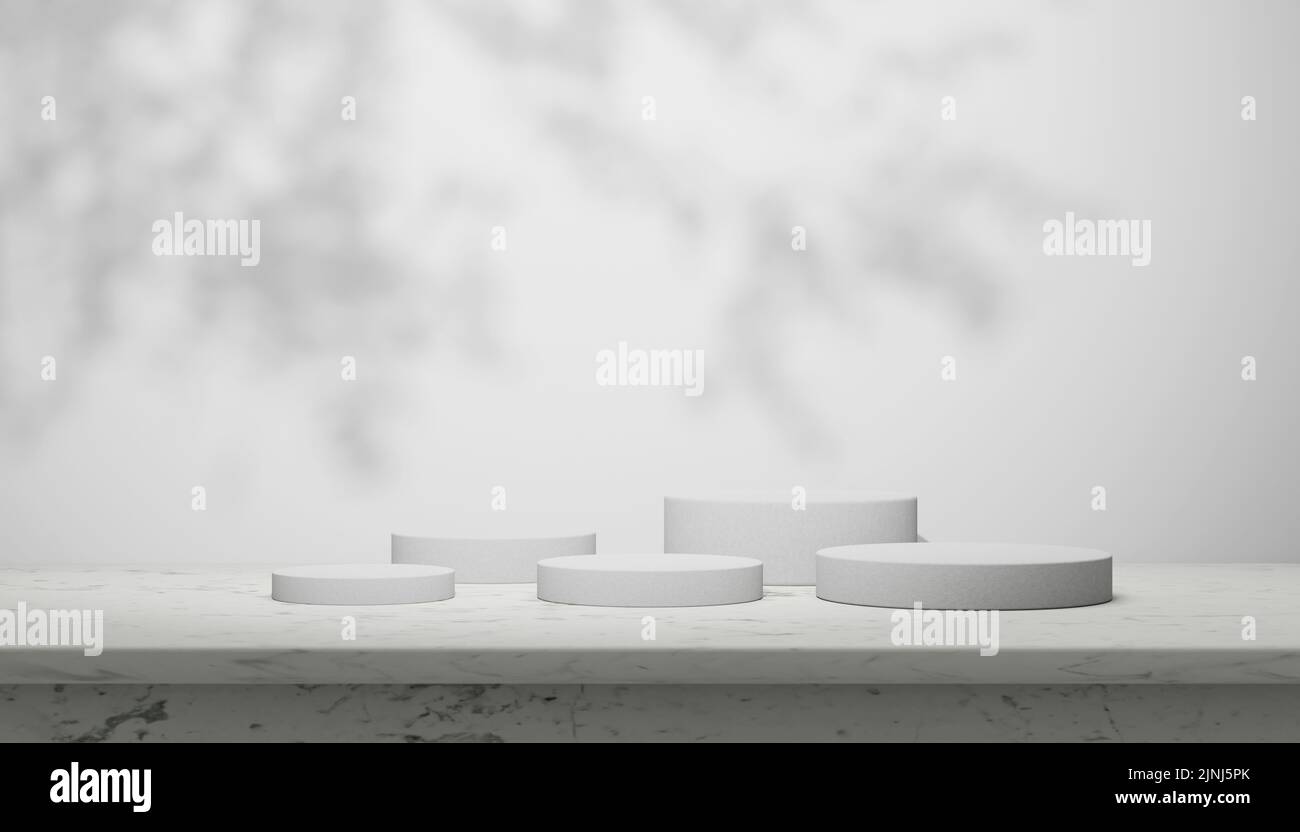 Table en marbre de luxe avec ombre végétale sur un mur blanc et disposition du support de bouteilles pour l'affichage du positionnement des produits. Décoration intérieure minimaliste moderne avec Banque D'Images