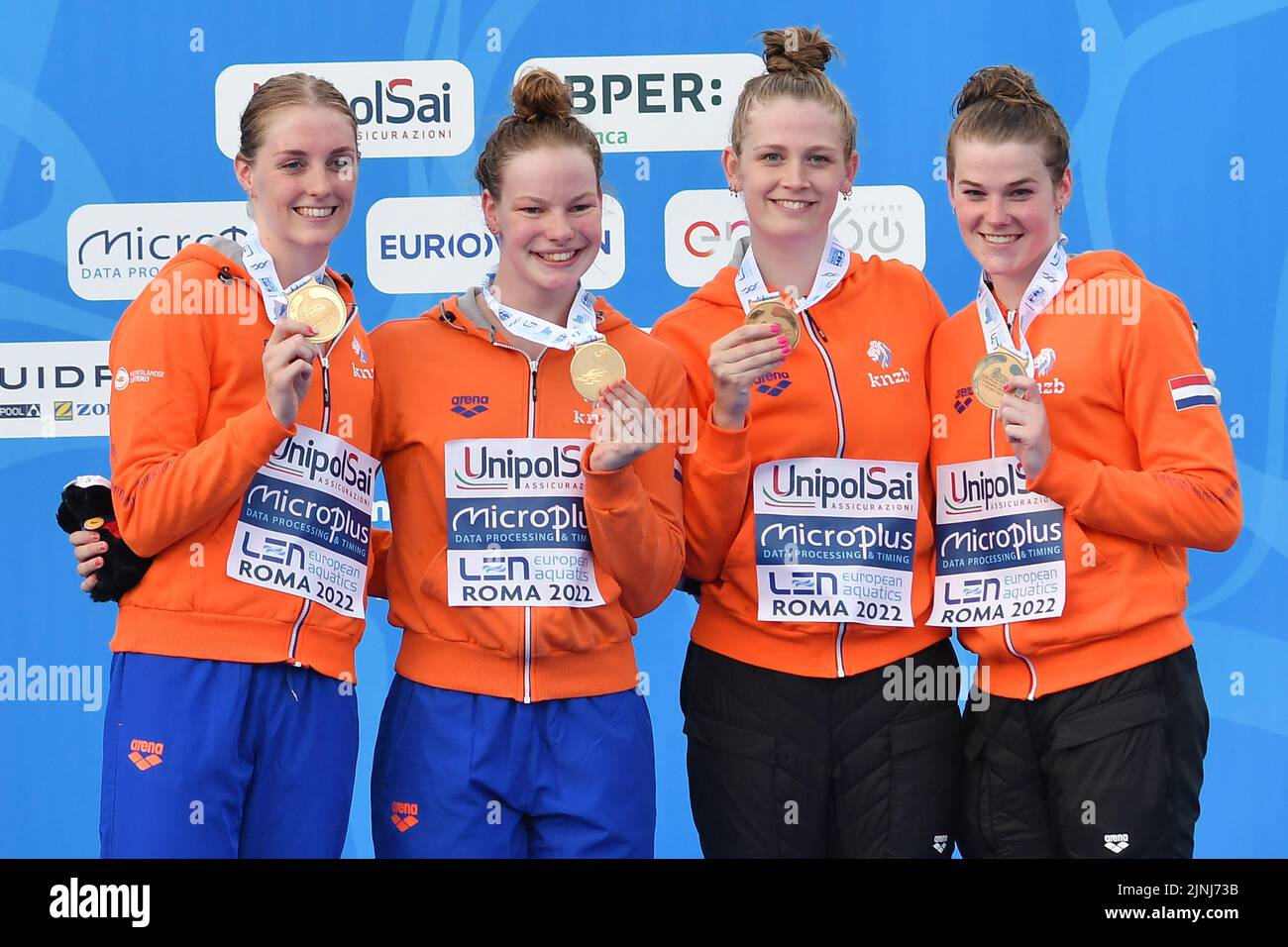 Rome, . 11th août 2022. De Jong Imani, Holkemborg Silke, Van Kooten Janna, Steenbergen Marrit médaille d'or 4x200 freestyle lors des championnats européens de natation Rome 2022. Rome août 2022 Photographer01 crédit: Agence de photo indépendante/Alamy Live News Banque D'Images