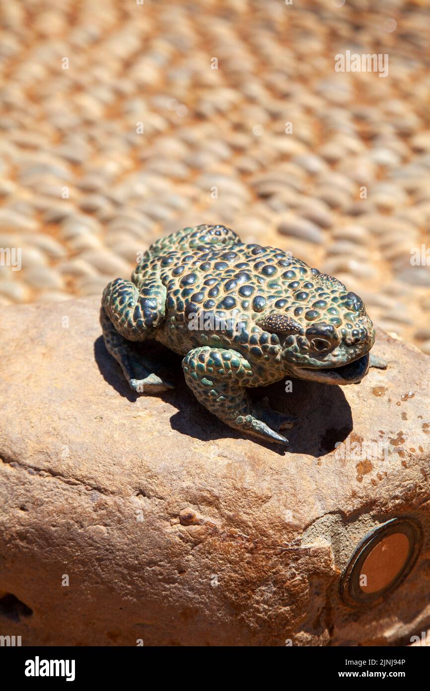 Buse d'eau de la grenouille de laiton aux Fontaines du jardin de la ferme de Babylonstoren à Simondium dans l'ouest du Cap, Afrique du Sud - Banque D'Images