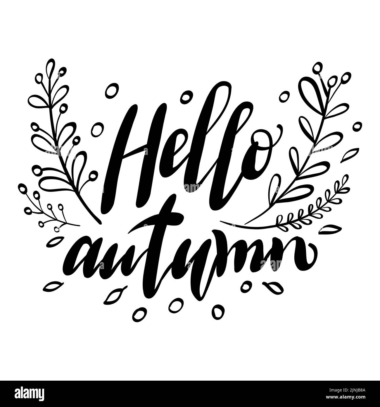 Bonjour automne main lettrage phrase avec des feuilles de doodle. Illustration vectorielle noire isolée sur fond blanc. Concept d'automne. Pour l'impression, la conception, le texte Illustration de Vecteur