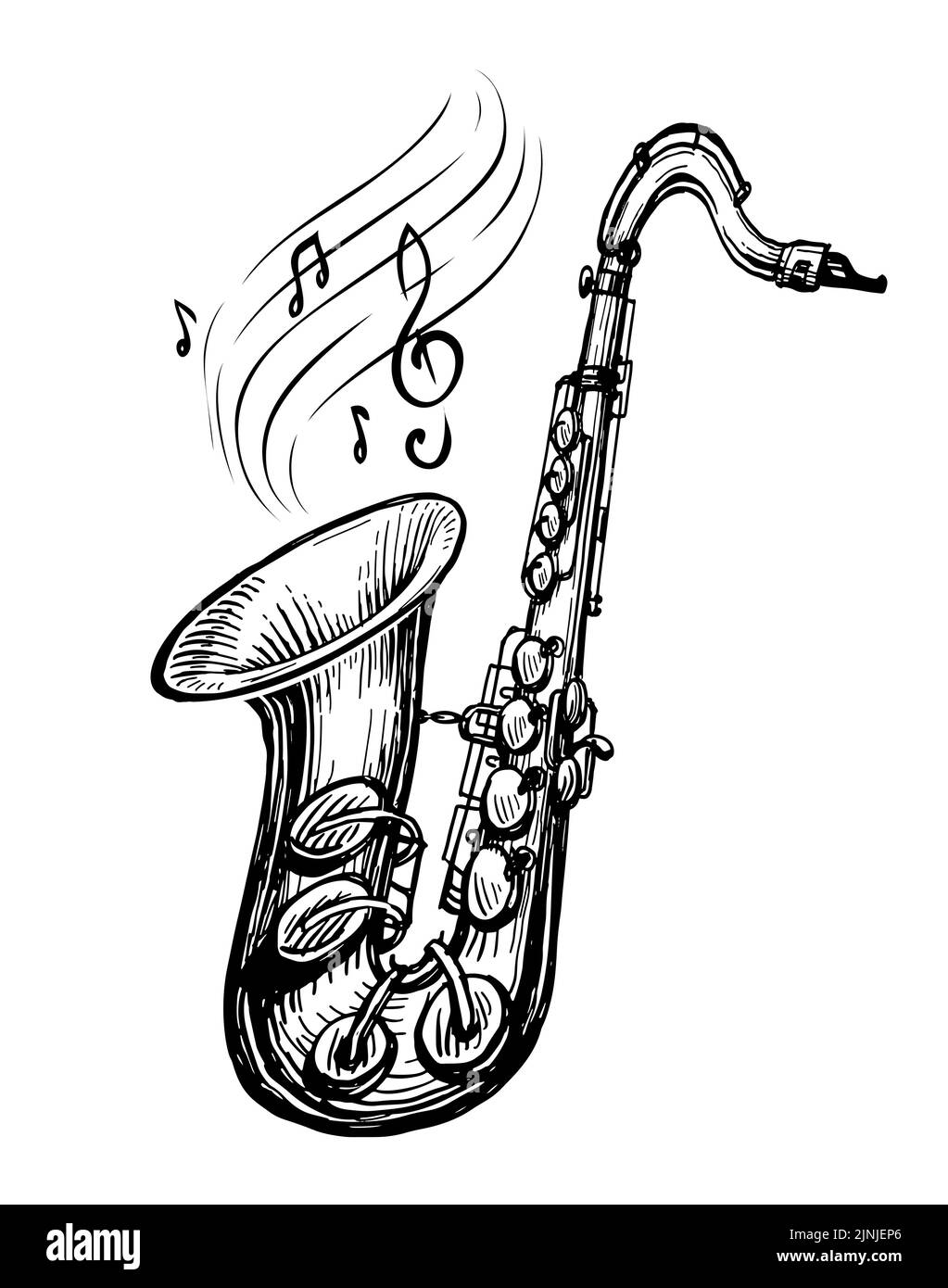 Saxophone avec notes musicales. Concept de musique. Esquisse dessinée à la main. Illustration vectorielle vintage Illustration de Vecteur