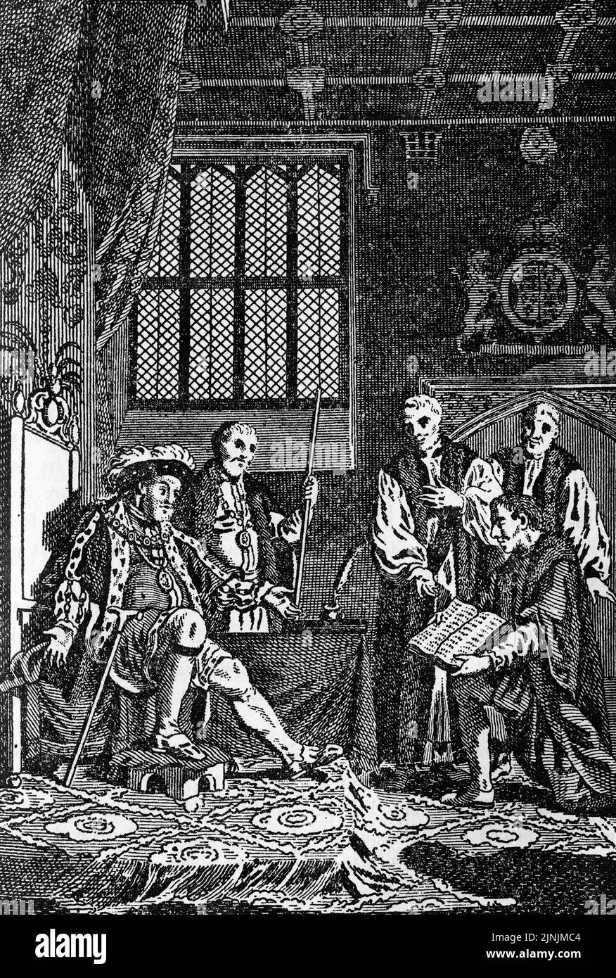 Gravure de Lord Cromwell présentant une nouvelle traduction de la Bible à Henry VIII Banque D'Images