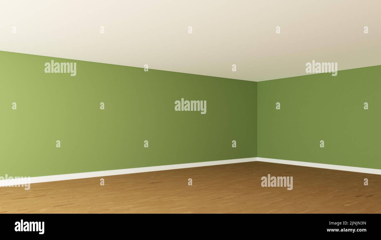 Coin de la chambre avec murs verts, plafond blanc, parquet clair et un Plinth blanc. Intérieur vide non meublé. Vue en perspective. Rendu 3D, Ultra HD 8K, 7680x4320, 300 dpi Banque D'Images