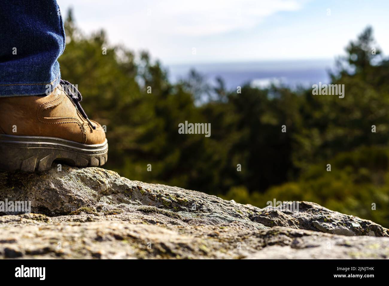 Détail d'une chaussure d'homme perchée sur un rocher devant le paysage de montagne vert et le ciel bleu. Madrid. Banque D'Images