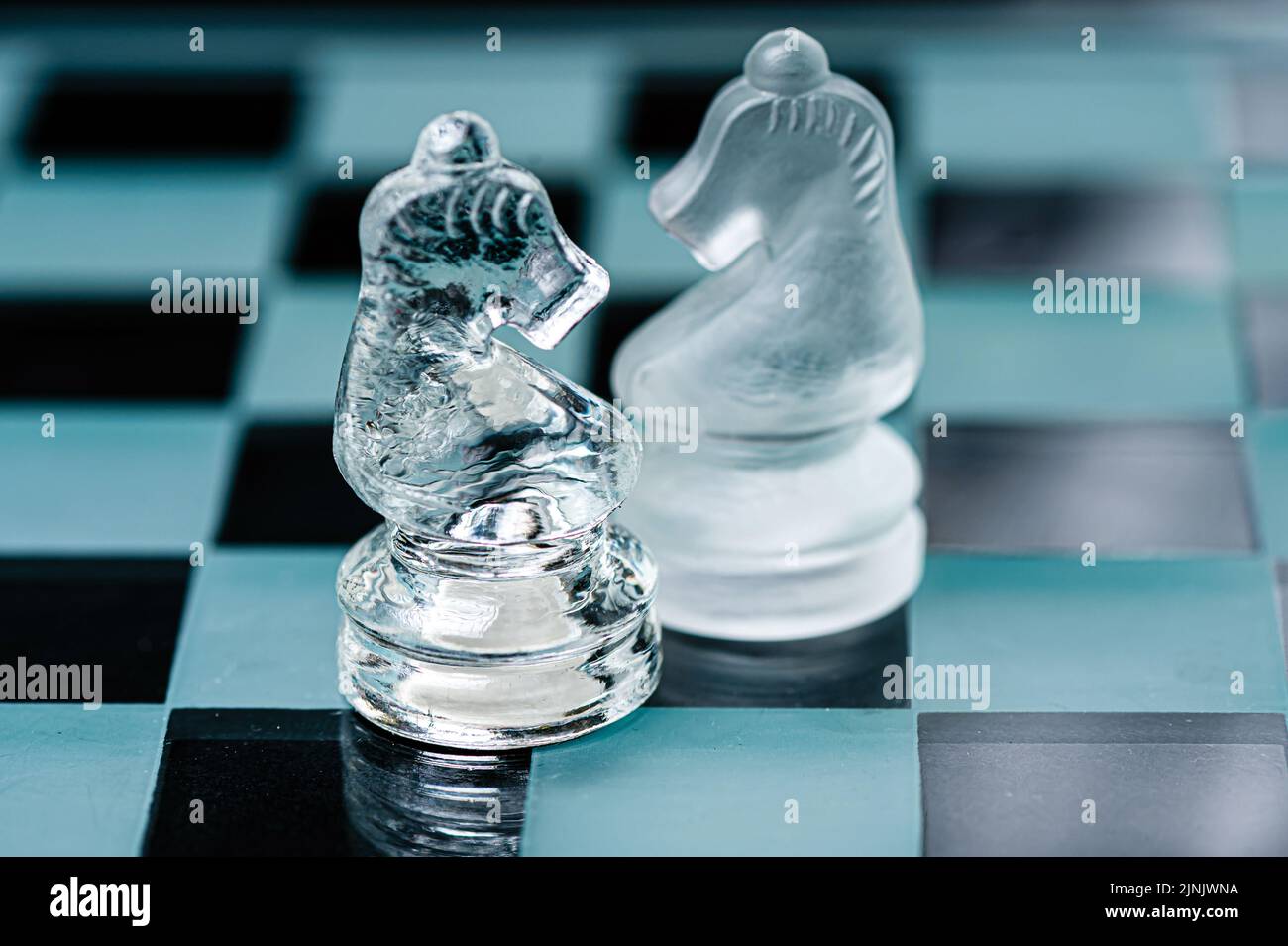 deux chevaliers d'échecs en verre opposés sur un plateau d'échecs en verre, fond noir, espace de copie Banque D'Images