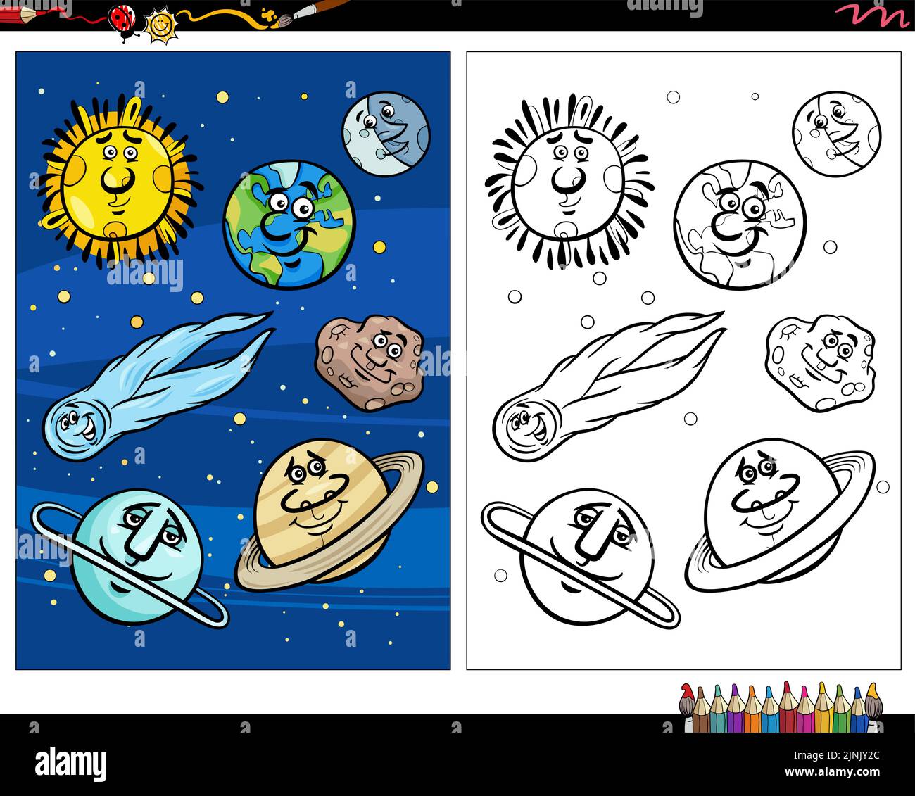 Illustration de dessins animés des orbes drôles et des planètes de personnages comiques dans l'espace coloriage page Illustration de Vecteur