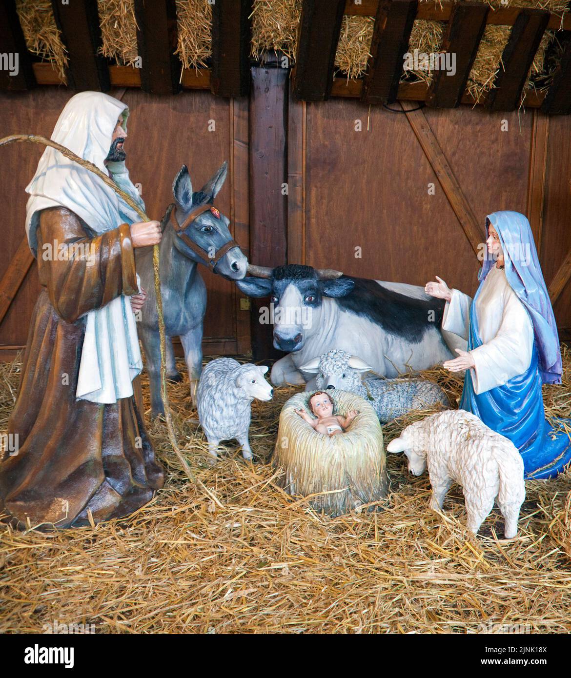 Naissance de jésus christ comme une scène de nativité, marché de Noël à Trèves, Rhénanie-Palatinat, Allemagne, Europe Banque D'Images