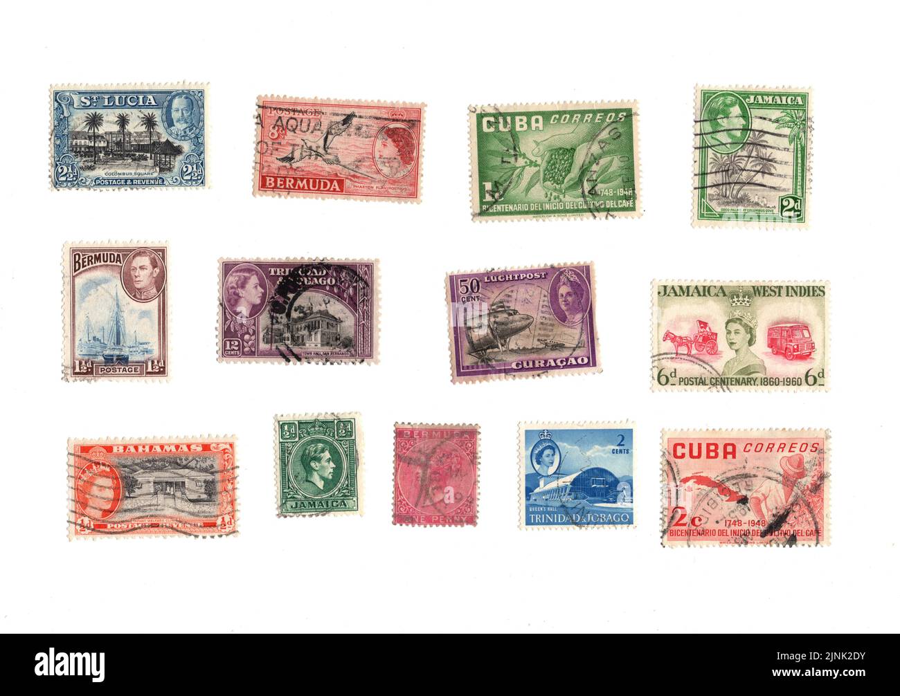 Une sélection d'anciens timbres-poste des Antilles sur fond blanc. Banque D'Images