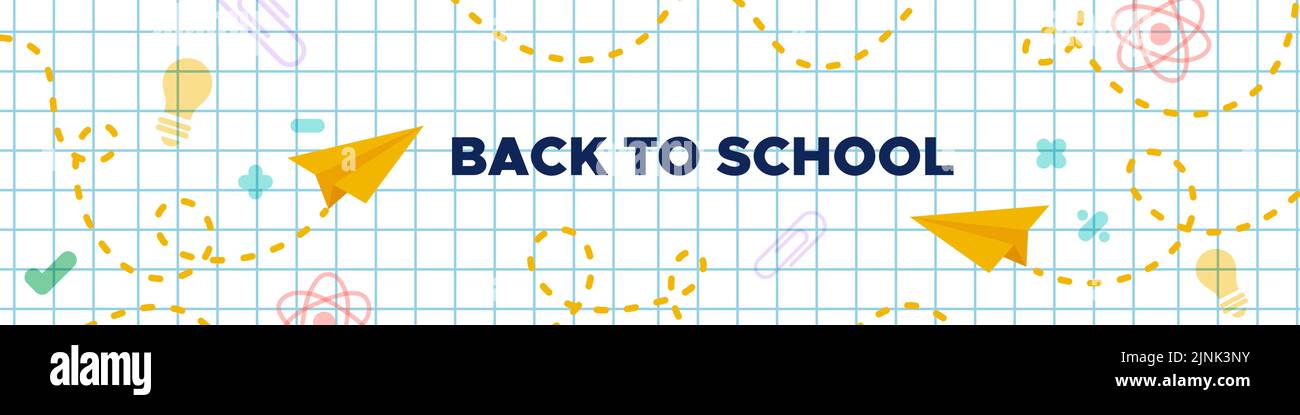 Retour à l'école. Bannière horizontale. Papier carré avec plans en papier et symboles scientifiques. Concept d'éducation. Illustration vectorielle, des Illustration de Vecteur