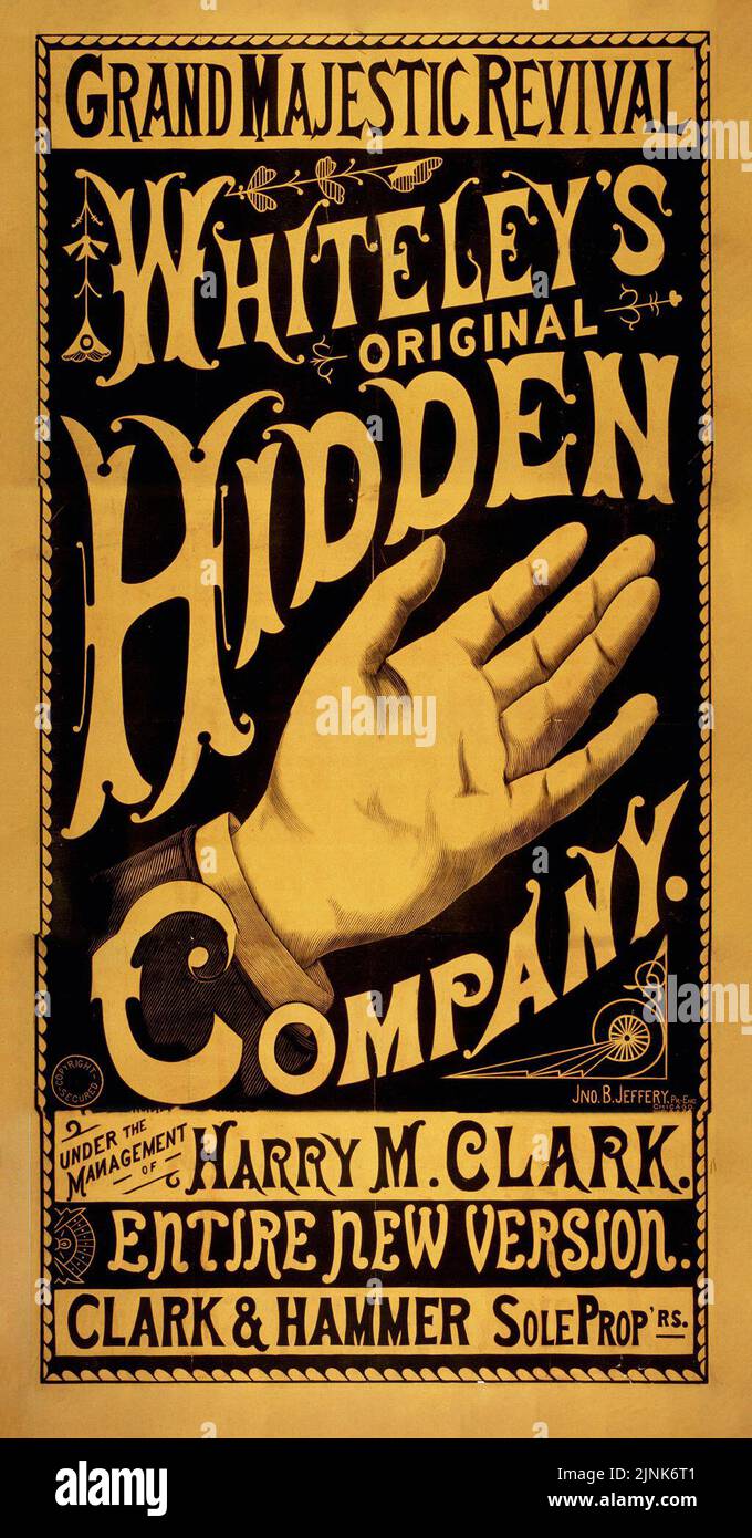 Première société de main cachée de Whiteley (1884) Grand Majestic Revival, sous la direction de Harry M. Clark, Clark et Hammer. Affiche de JNO. B. Jeffery Banque D'Images