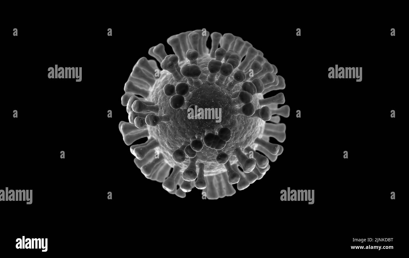 Illustration d'une cellule virale, d'une infection virale ou d'une maladie infectieuse, isolée sur fond noir Banque D'Images