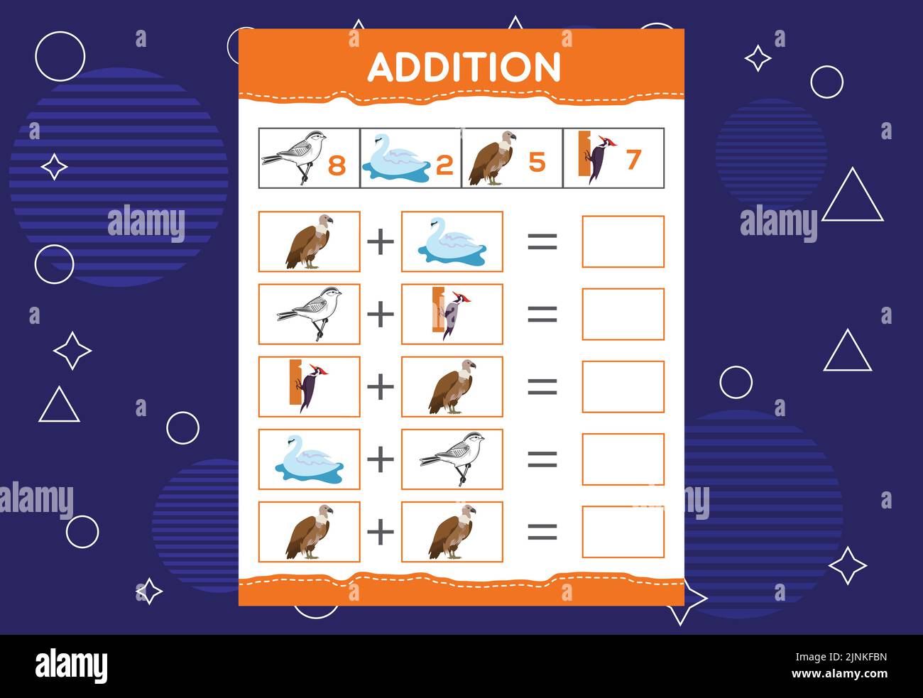 Ajout avec différents oiseaux pour les enfants. Une feuille de travail éducative pour les enfants. Conception vectorielle Illustration de Vecteur