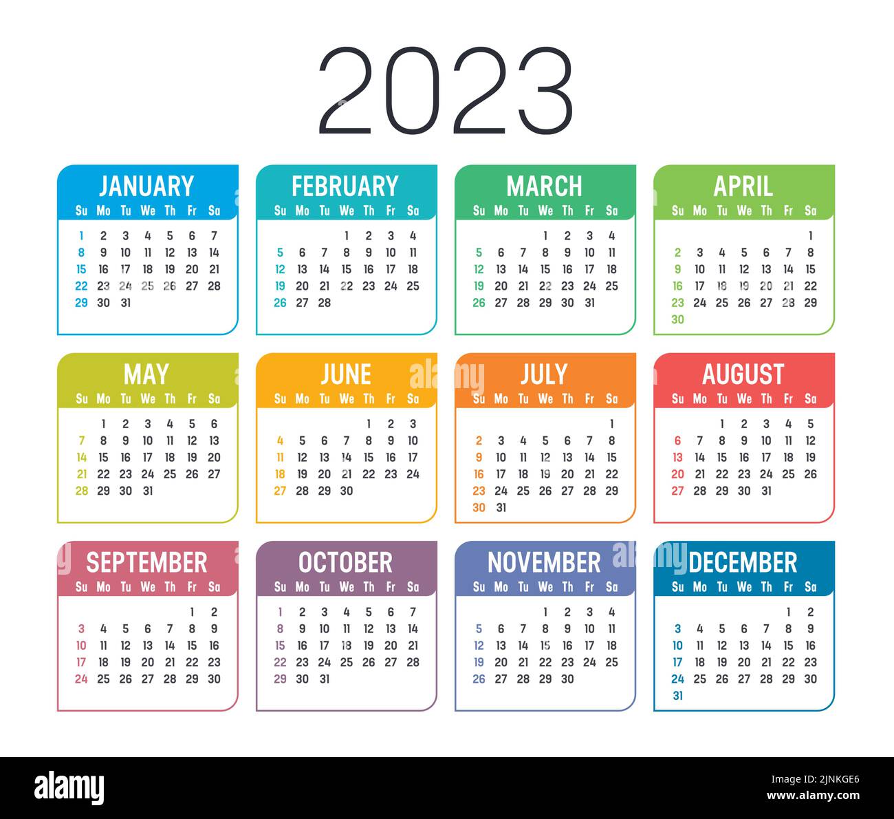 Calendrier coloré de l'année 2023, isolé sur fond blanc. Modèle vectoriel. Illustration de Vecteur