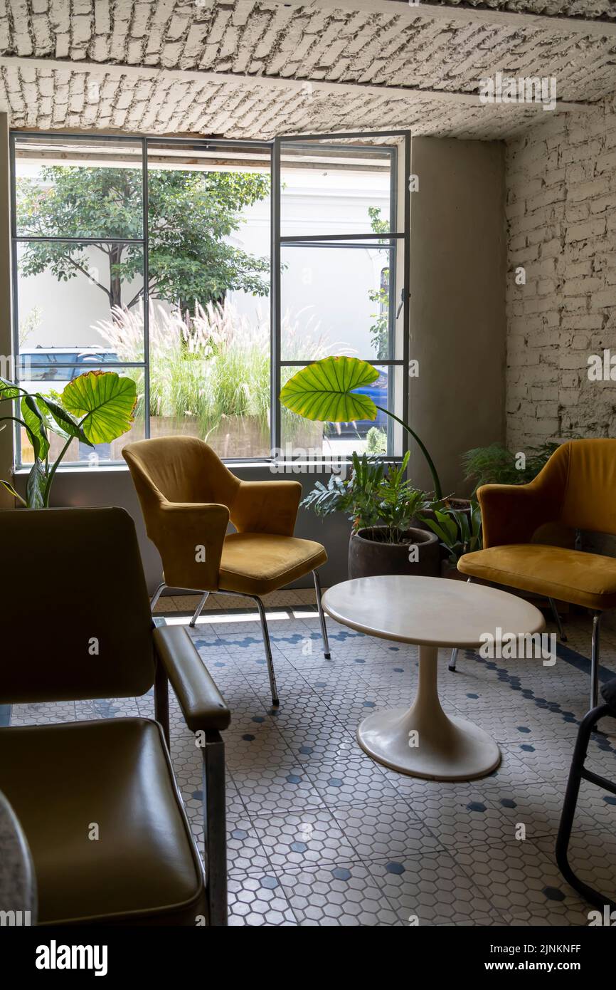 salle, avec deux fauteuils jaunes et une table au centre, fenêtre avec pots et plantes, lumière naturelle Banque D'Images