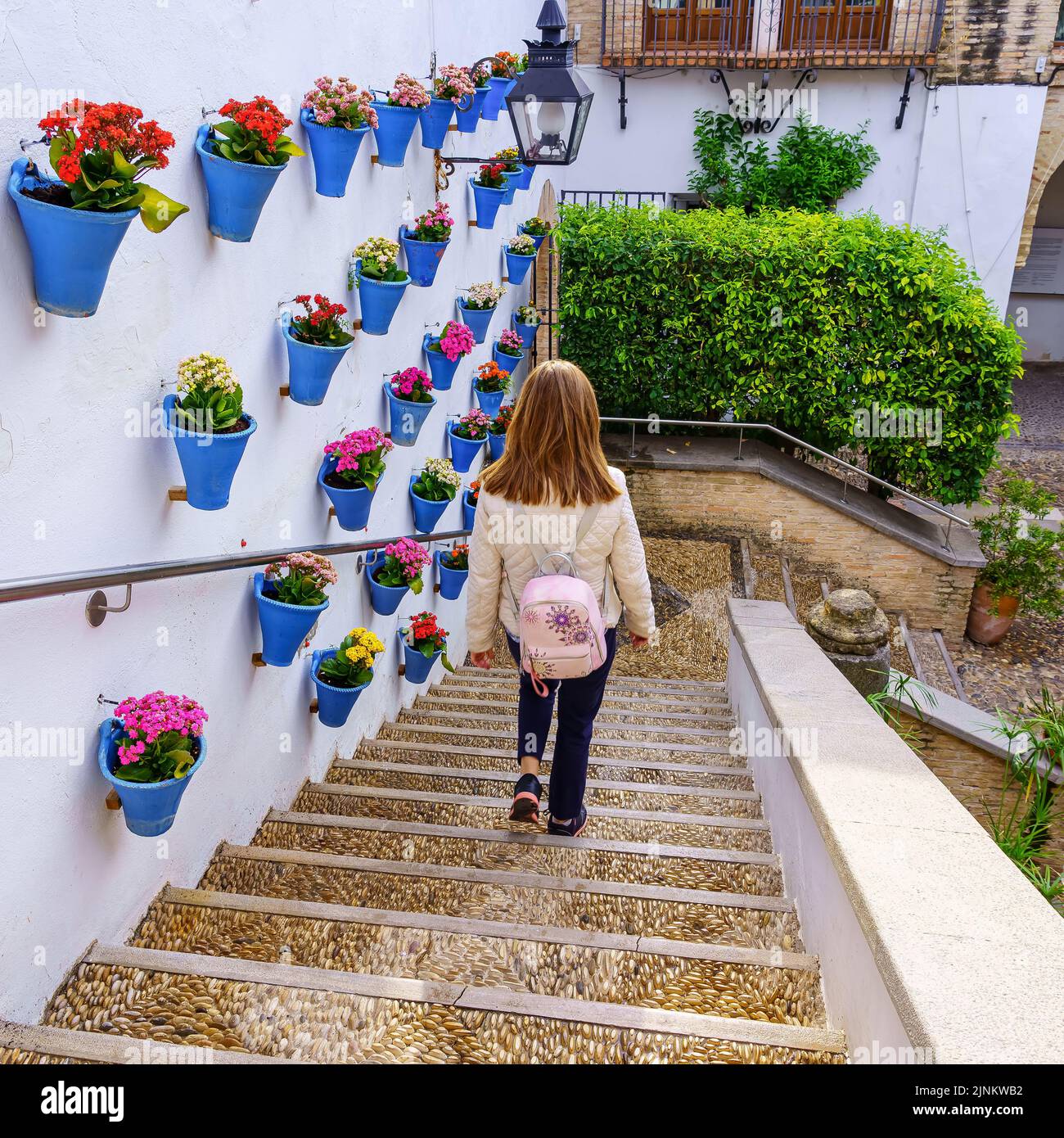Femme descendant des escaliers dans un patio andalou typique de Cordoue avec des plantes et des fleurs. Banque D'Images
