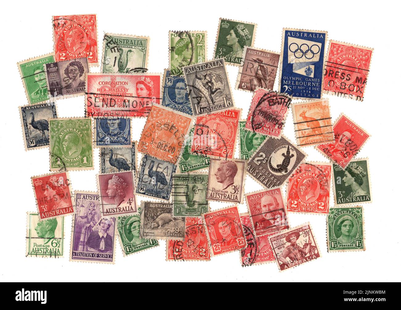 Un montage de vieux timbres-poste d'Australie sur fond blanc. Banque D'Images