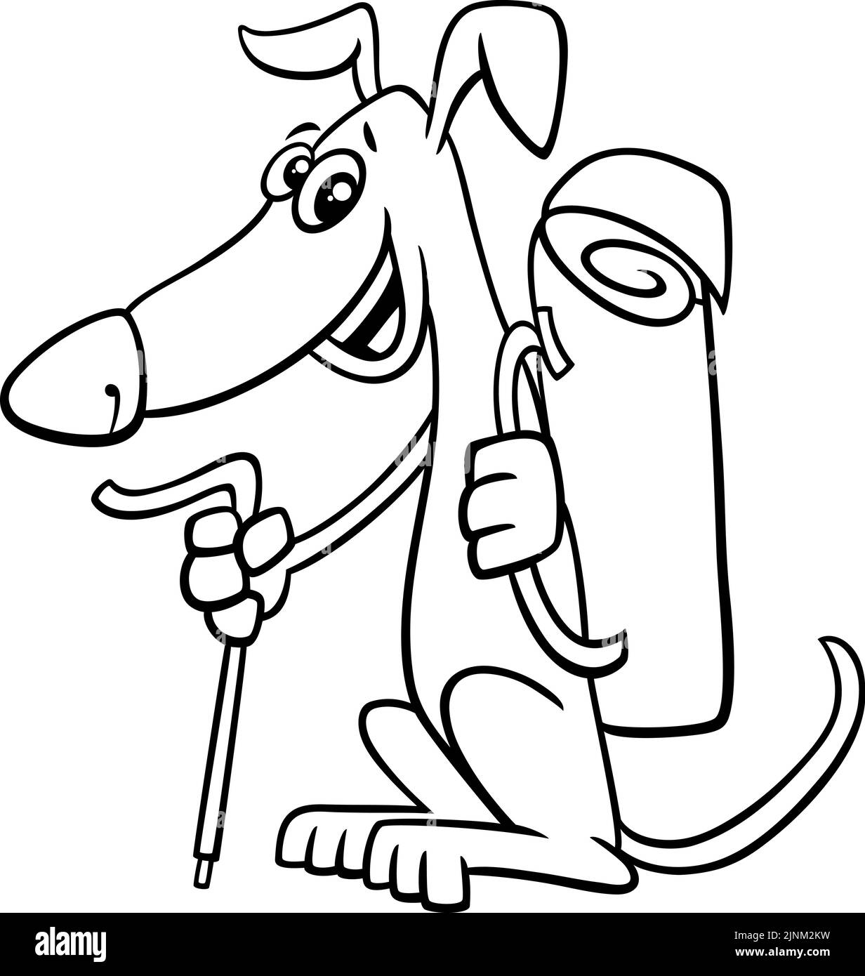 Illustration de dessin animé noir et blanc du personnage animal de chien de randonnée drôle avec une page de coloriage de sac à dos Illustration de Vecteur