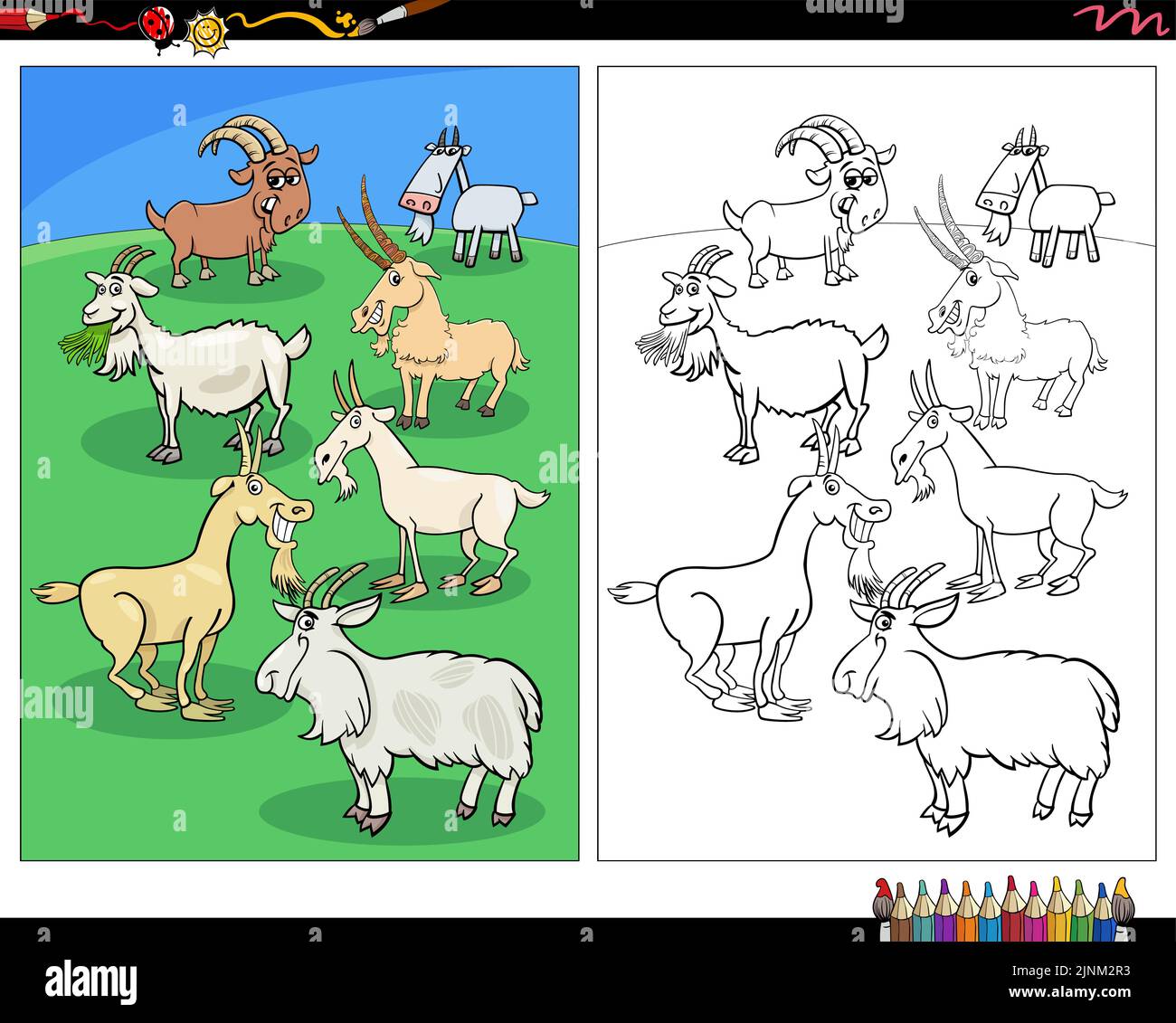 Illustration de dessins animés des personnages animaux de ferme de chèvres dans la page de coloriage de prairie Illustration de Vecteur