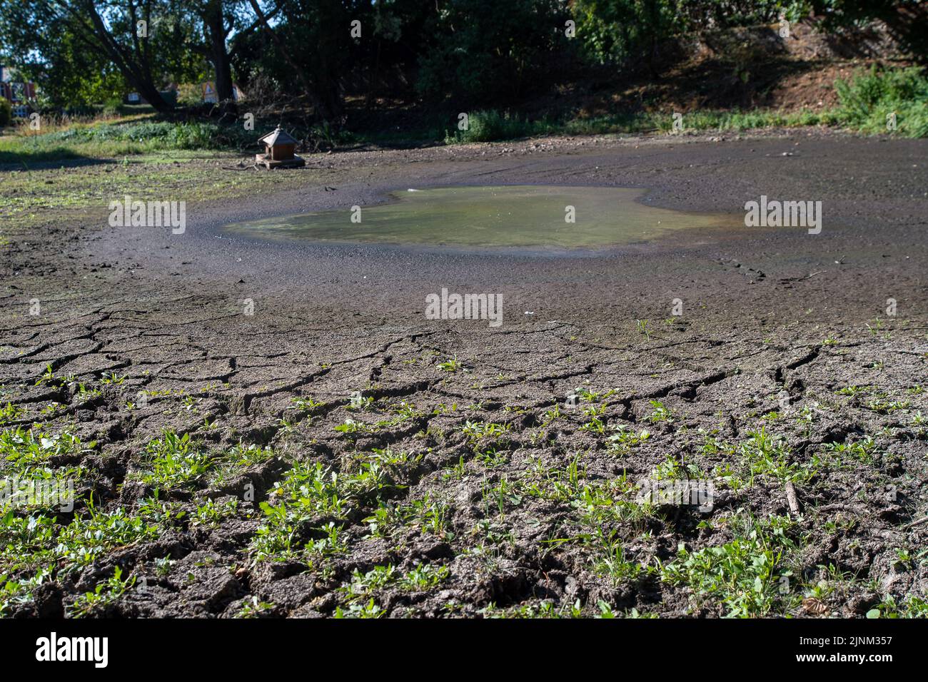 Northend, Oxfordshire, Royaume-Uni. 12th août 2022. L'étang du village séché et la maison vide de canard à Northend. Thames Water reste encore dans le village de Northend, Oxfordshire. Les réserves d'eau du village ont été sèches plus tôt cette semaine et Thames Water pompent les réserves d'eau des résidents à l'aide de réservoirs. Les habitants disent que cela s'est déjà produit auparavant et qu'il s'agit de l'infrastructure de l'eau fournie par Thames Water à partir du réservoir Stokenchurch voisin. Crédit : Maureen McLean/Alay Live News Banque D'Images