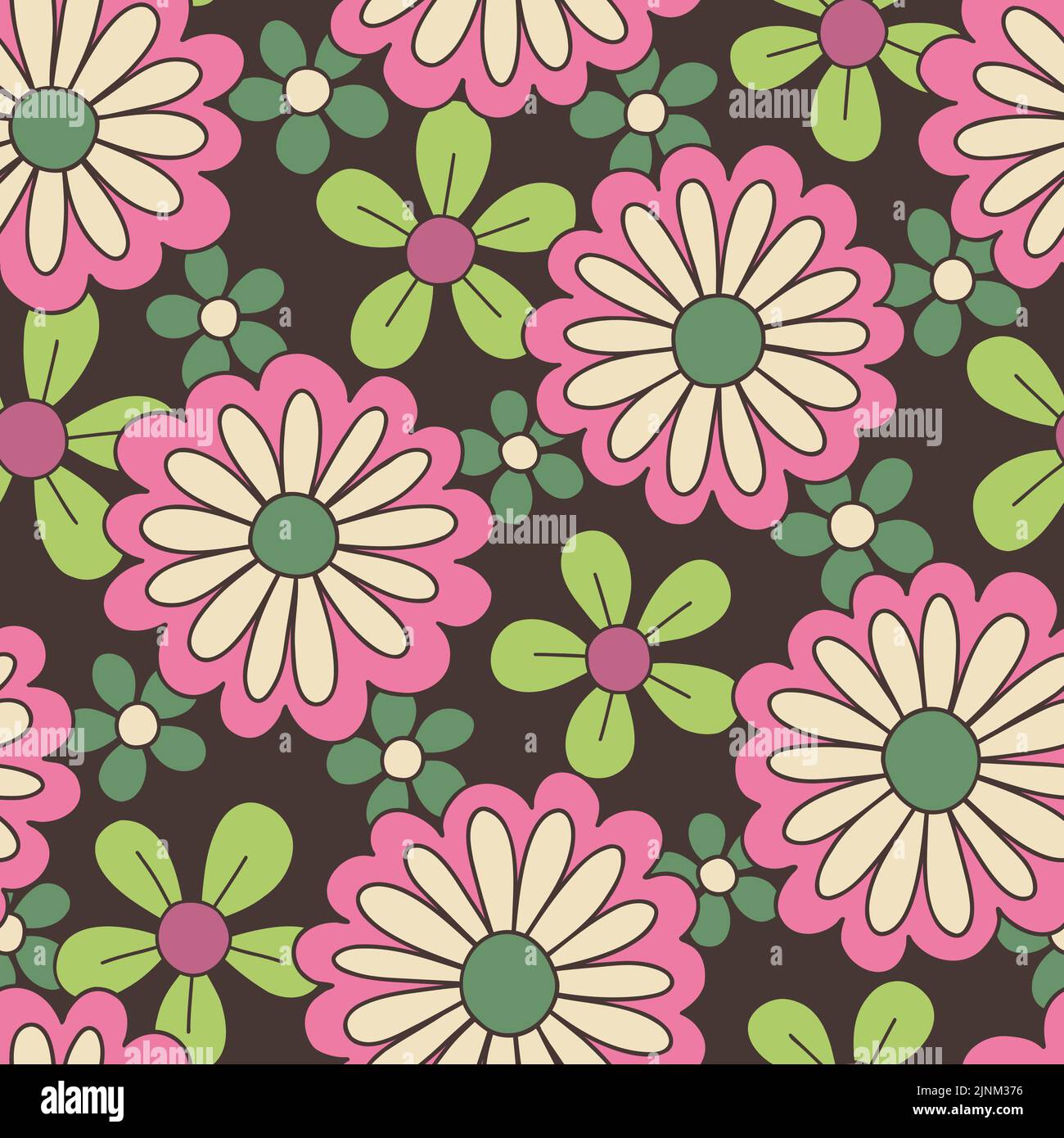 Motif Daisies à fleurs vectorisé à grande échelle coloré sans couture. Style rétro 70s Illustration de Vecteur