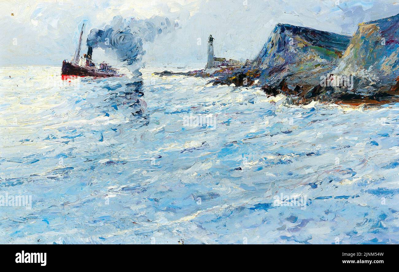 Un bateau à vapeur dans un paysage avec phare, peinture par Leontine von Littrrow Banque D'Images