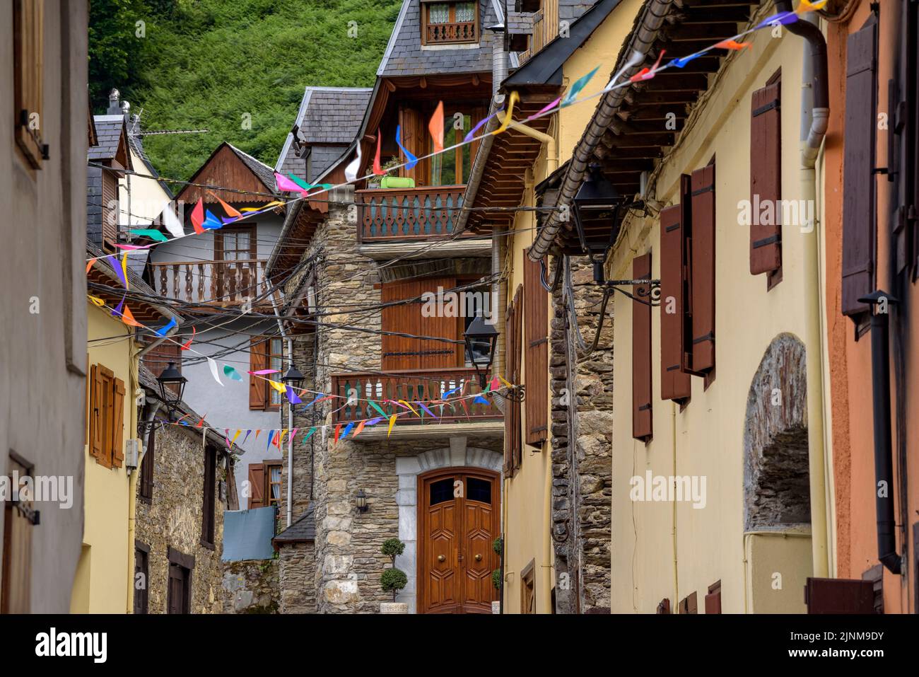 Village des les décoré pour le festival de Sant Joan en raison du solstice d'été (Vallée de l'Aran, Lleida, Catalogne, Espagne, Pyrénées) Banque D'Images