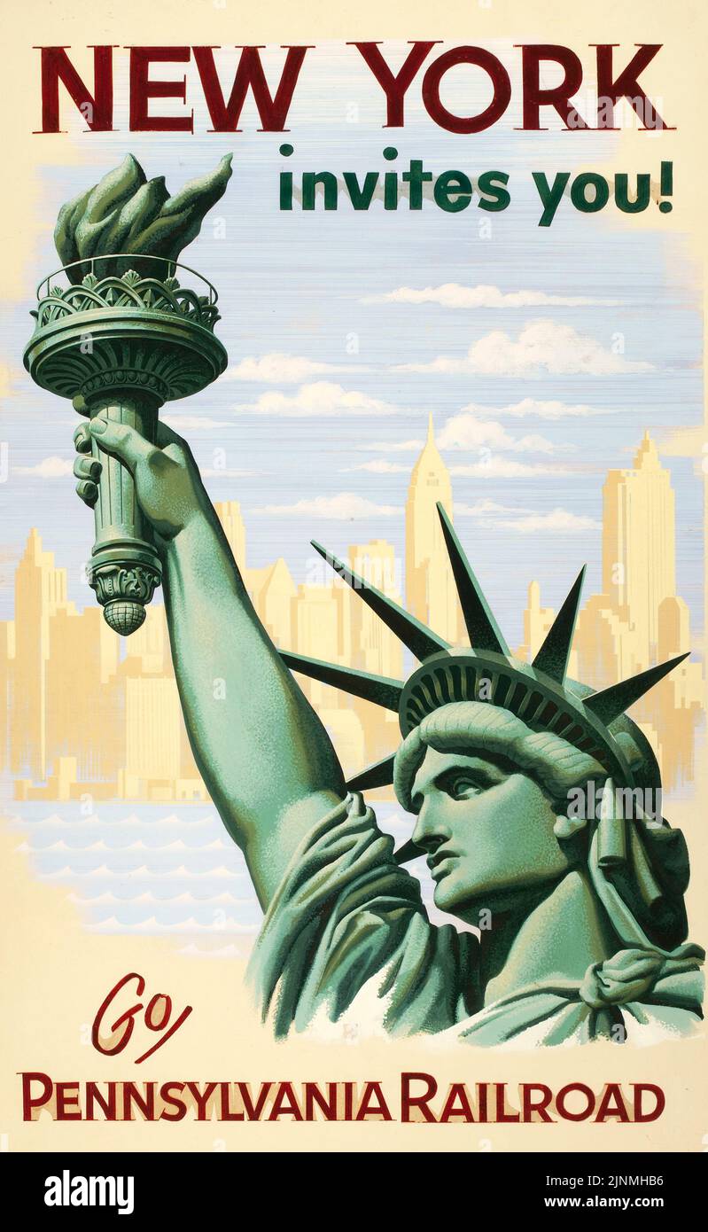 New York vous invite, illustration d'affiche du chemin de fer de Pennsylvanie. Artiste américain inconnu (20e siècle) Statue de la liberté illustration. Manhattan NY. Banque D'Images