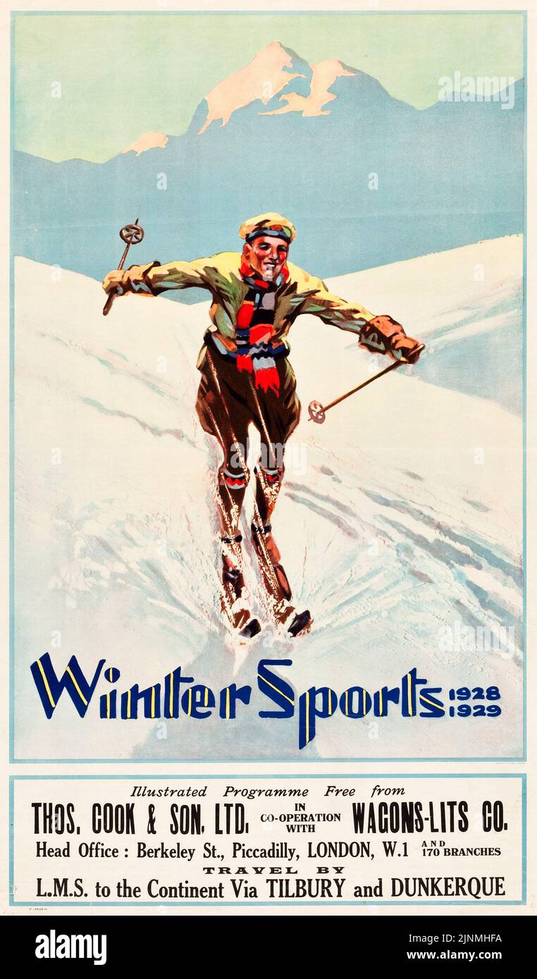 Affiche de voyage pour les sports d'hiver (Thomas Cook & Sons, Ltd. : Wagon-Lits Co., Londres, 1928-1929) Homme à skis. affiche de 1920s. Banque D'Images