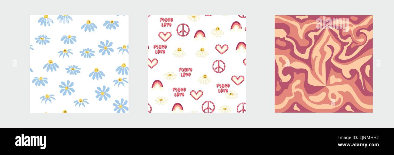 Lot de 1970s motifs sans couture rétro. Fleurs, tourbillons, champignons, symbole de la paix, camomille, souriez. Design élégant dans le style des années 70. Illustration de Vecteur