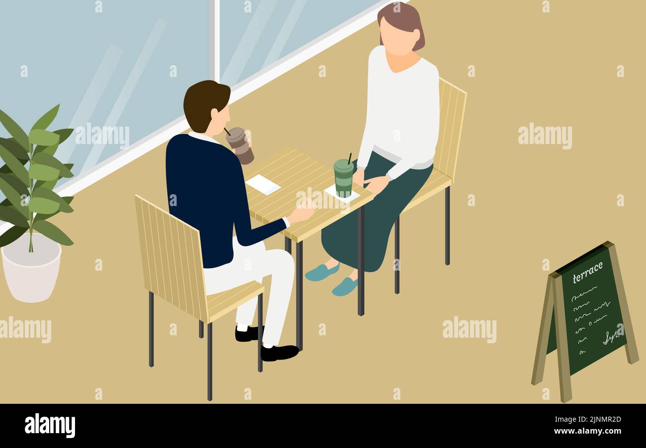Isométrique, hommes et femmes prenant le thé sur la terrasse d'un café de style bois Illustration de Vecteur