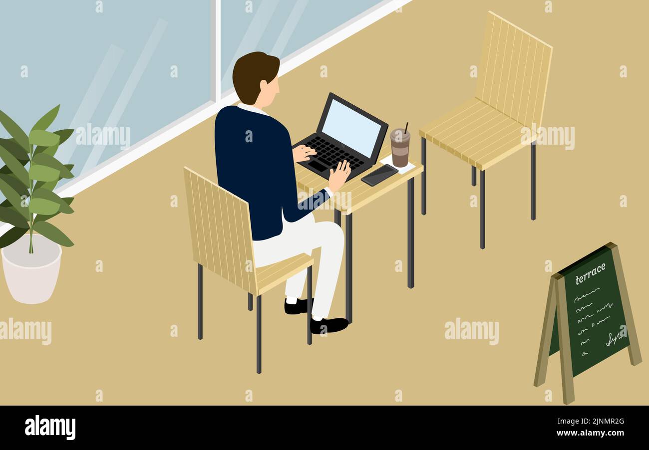 Isométrique, une personne travaillant sur un ordinateur sur la terrasse d'un café de style bois Illustration de Vecteur