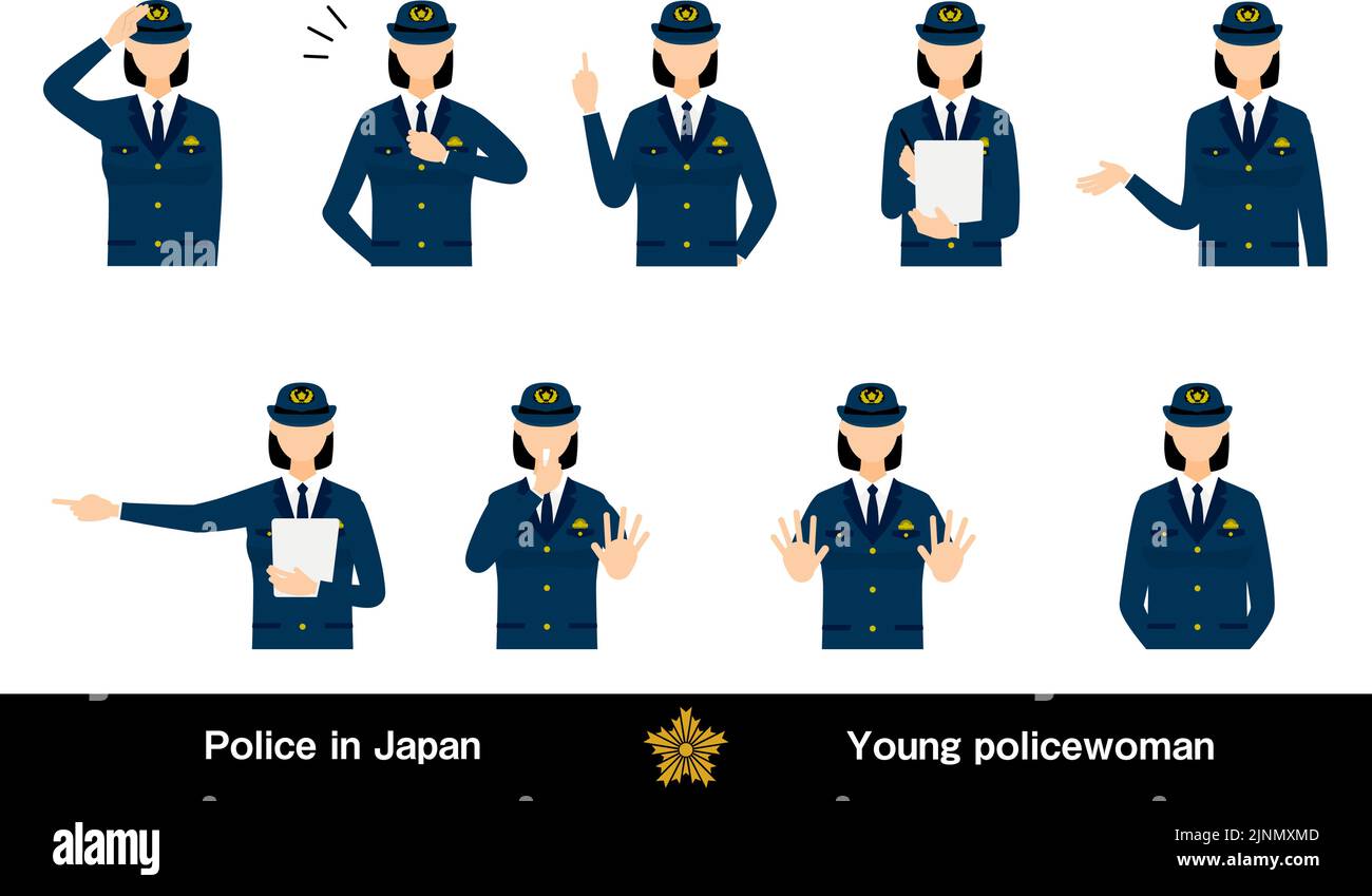 9 ensembles de jeunes officiers de police féminins, saluant, arrêtant, policiers, etc Illustration de Vecteur