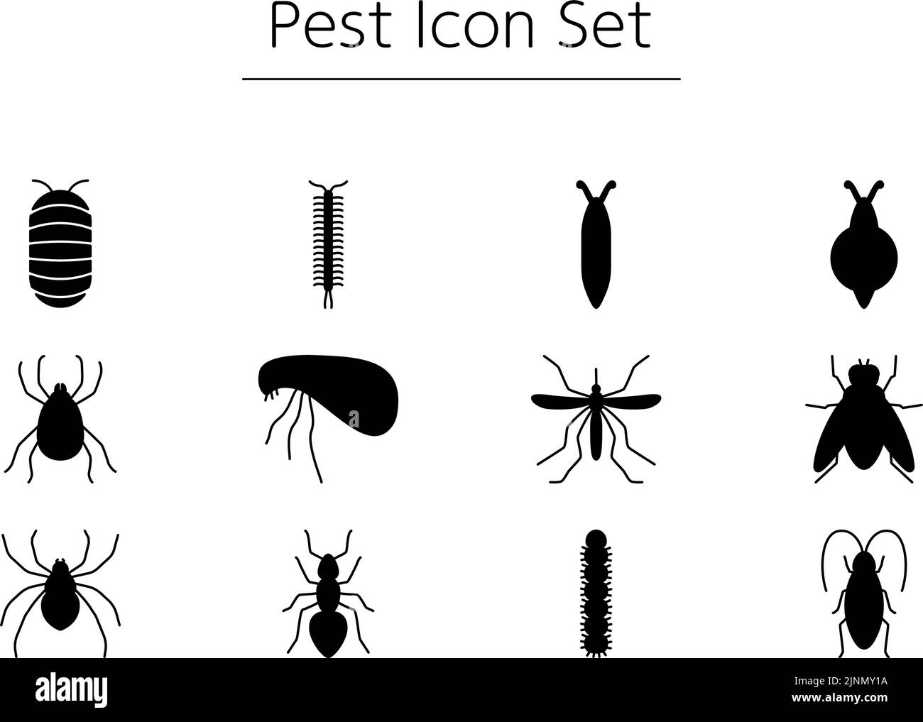 Ensemble d'icônes simples de parasites désagréables, cafards, acariens, moustiques, mouches, araignées, etc Illustration de Vecteur