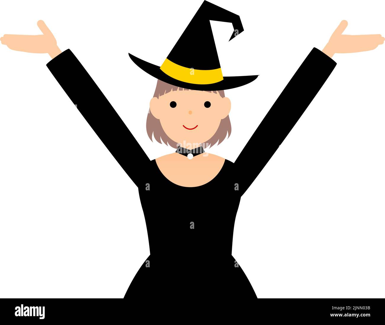 Costume d'Halloween, fille dans la sorcière pose avec les bras levés Illustration de Vecteur