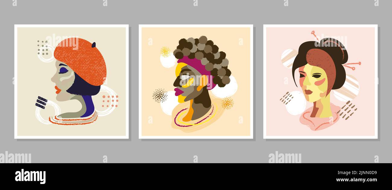 Kit de portraits abstraits pour femmes. Les filles afro, asiatiques et françaises font face à l'illustration vectorielle. Collection Wall art People. Illustration de Vecteur