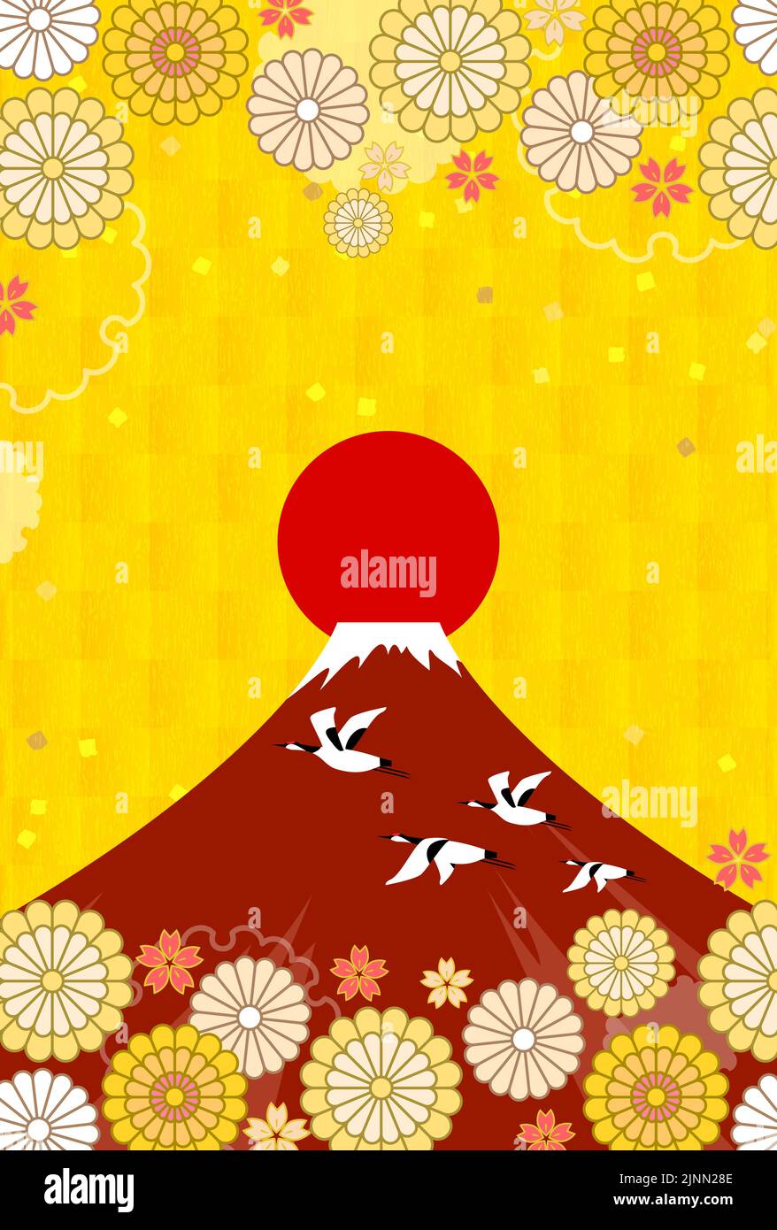 Carte du nouvel an, grue, Fuji rouge et fleur de prune, 2022 Illustration de Vecteur