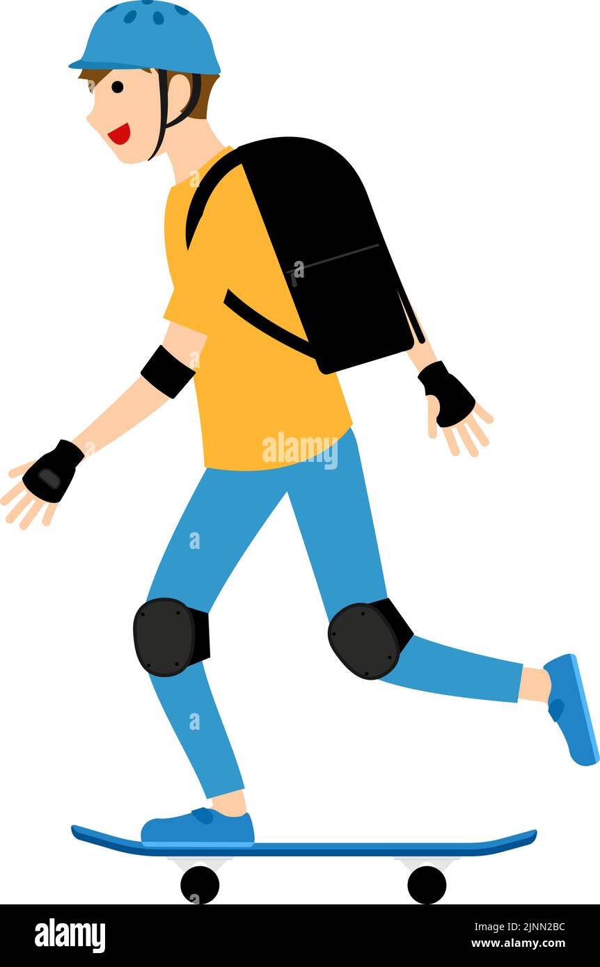 Un garçon patineur glisse avec un sac de livraison sur son dos Illustration de Vecteur