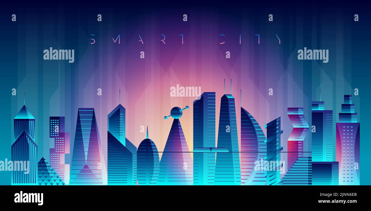 Futur concept de paysage urbain intelligent. Gratte-ciels dans une métropole futuriste et panoramique. Le cyber-punk illumine le paysage urbain. Architecture urbaine moderne et créative. Illustration vectorielle Illustration de Vecteur Futur concept de paysage urbain intelligent. Gratte-ciels dans une métropole futuriste et panoramique. Le cyber-punk illumine le paysage urbain. Architecture urbaine moderne et créative. Illustration vectorielle Illustration de Vecteur