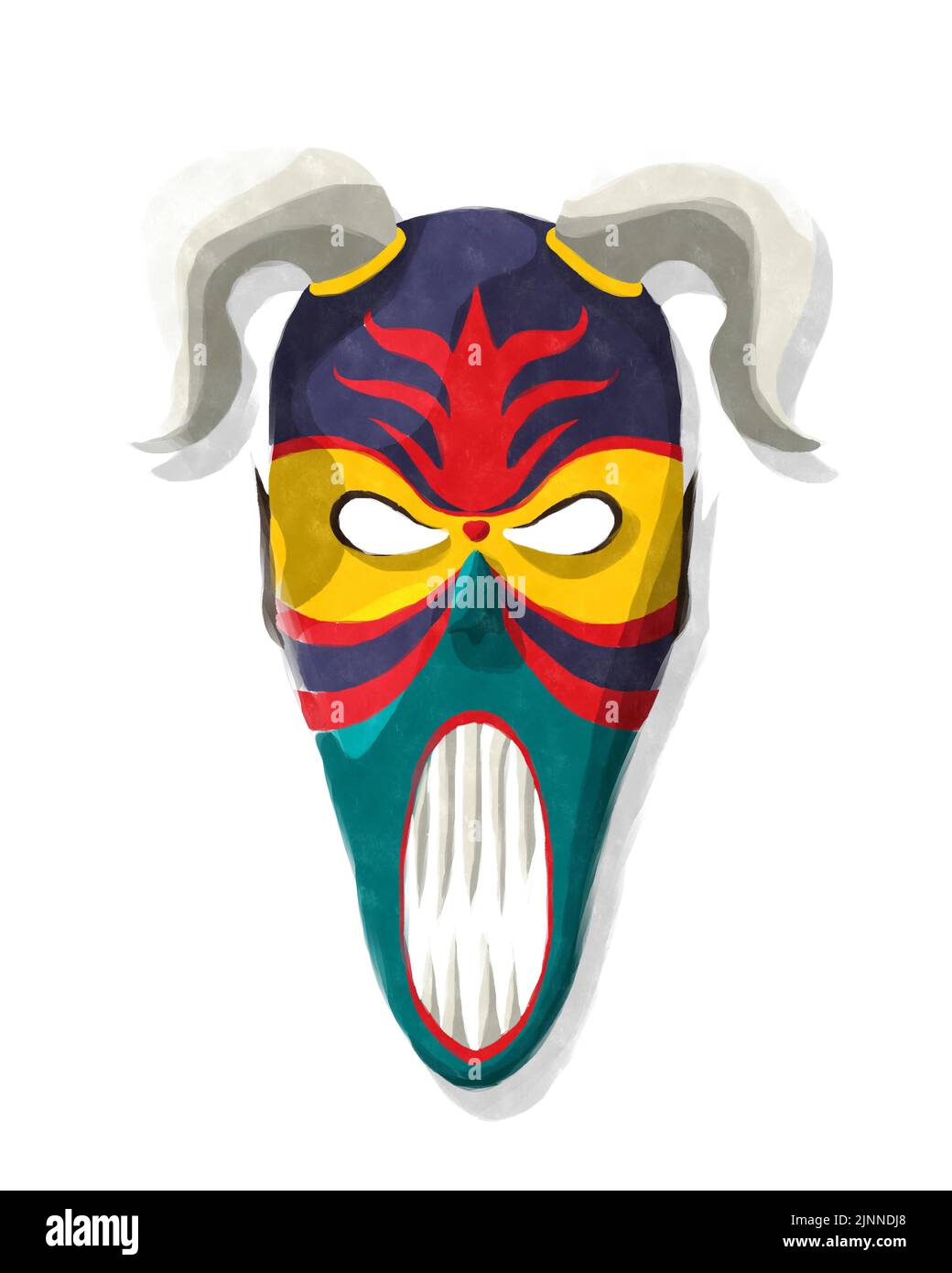 Masque tribal à cornes de Swarry de style aquarelle sur blanc Banque D'Images