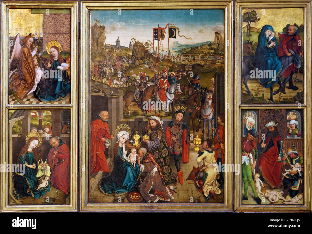 Autel Epiphanie de Hans Pleydenwurff (c. 1460), adoration des Mages, Annonciation et Nativité à gauche, vol en Égypte à droite et Banque D'Images