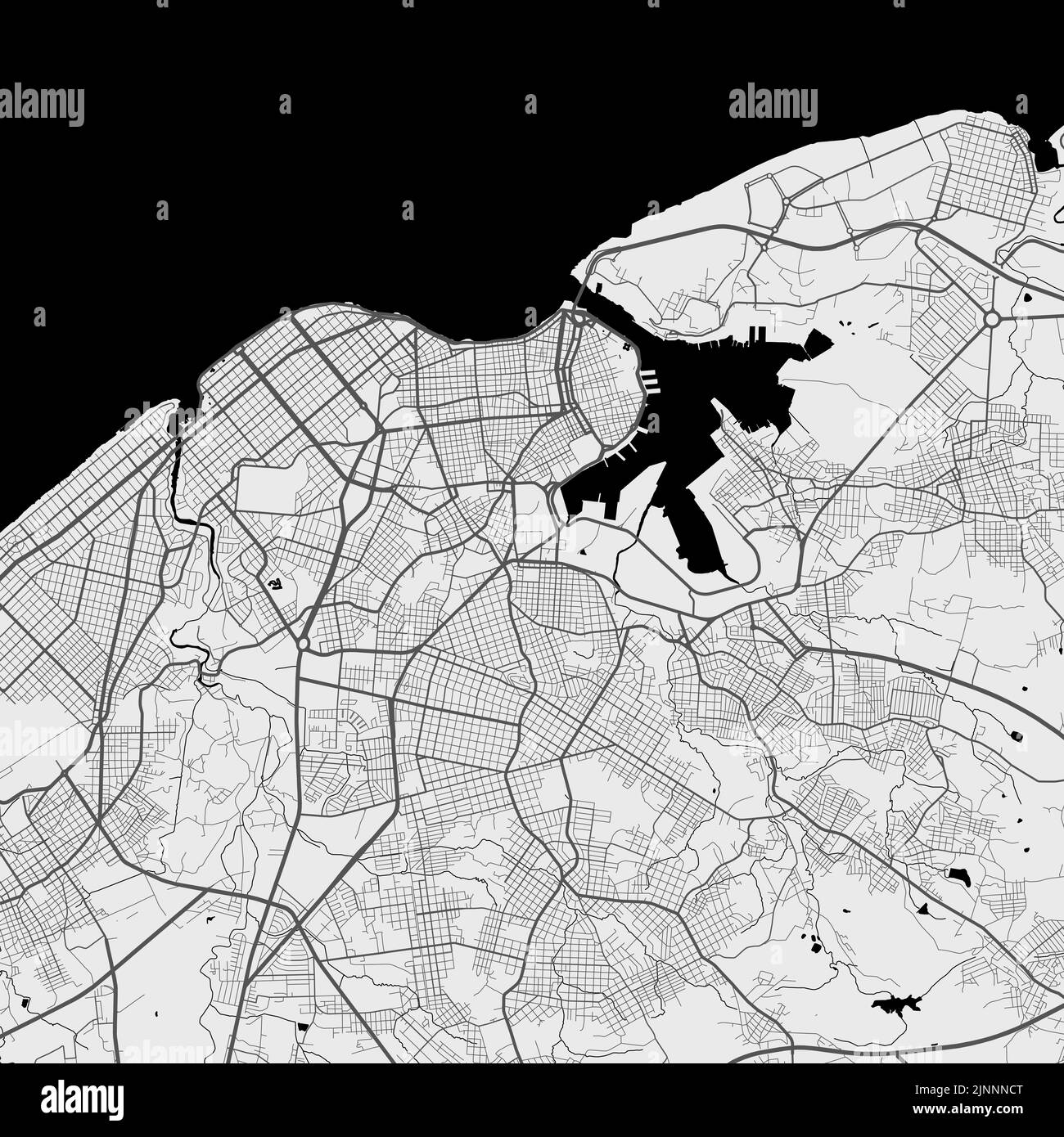 Carte vectorielle de la ville de la Havane. Affiche en niveaux de gris urbains. Carte routière avec vue de la région métropolitaine. Illustration de Vecteur