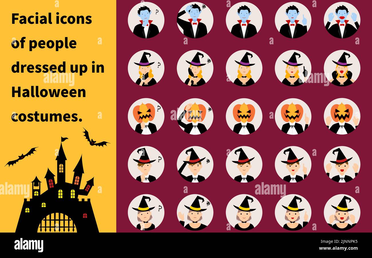 Costumes d'Halloween, Dracula, sorcières, Jack-o-lanternes et sorciers, 25 ensembles d'icônes par expression. Illustration de Vecteur
