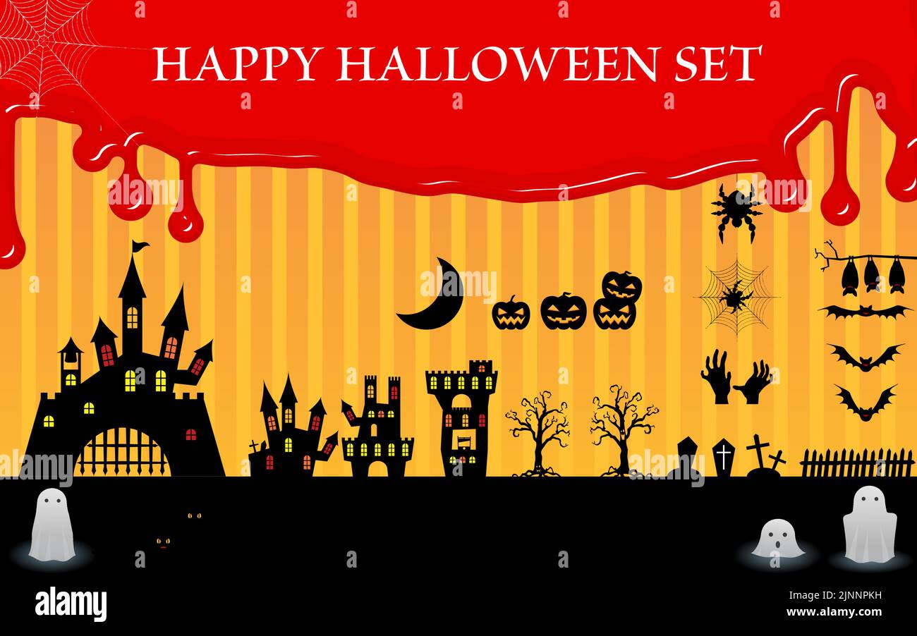 Ensemble de stock d'Halloween, château et cimetière, chauves-souris et fantômes, avec fond de colle de sang Illustration de Vecteur