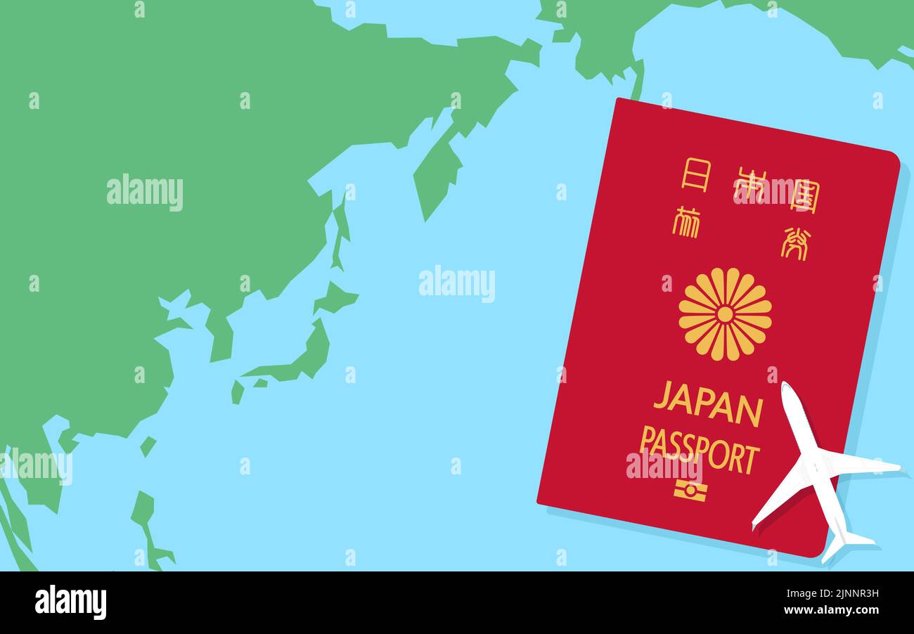 Carte du monde autour du Japon, passeport japonais et avion modèle, passeport général Rouge - Traduction: Passeport japonais Illustration de Vecteur