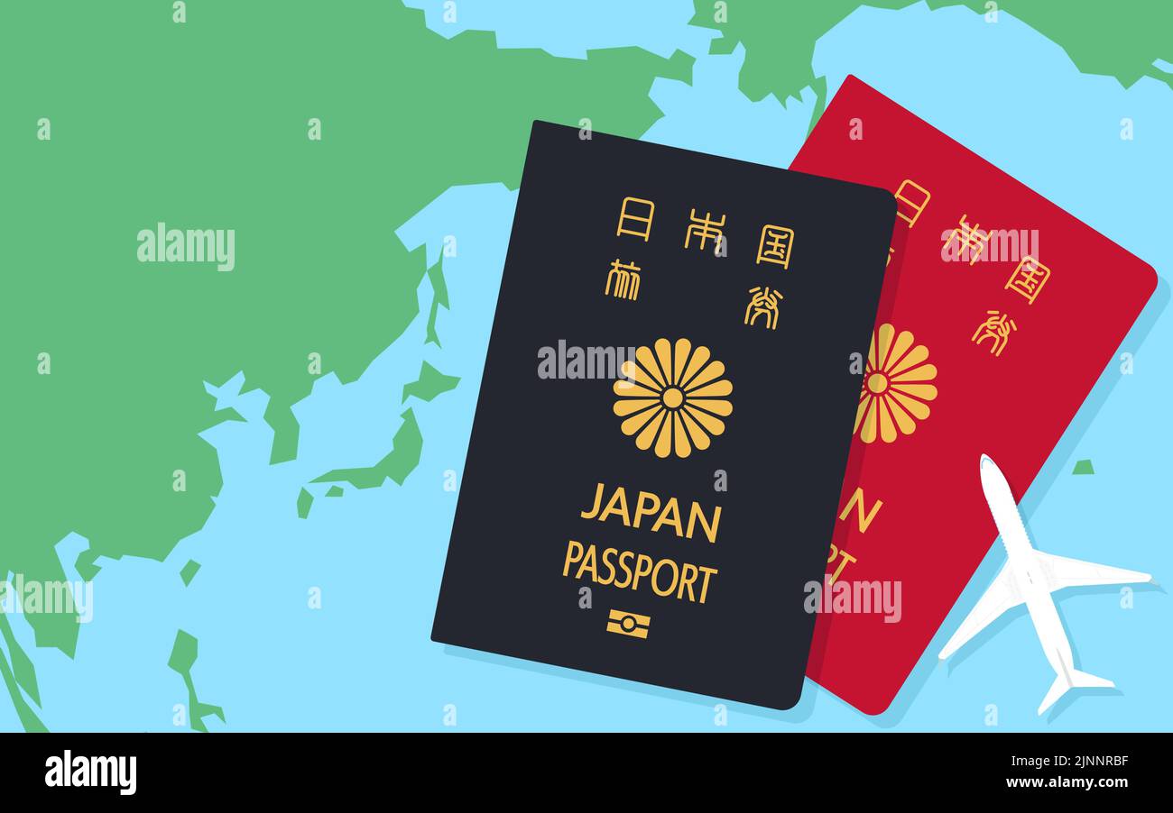 Carte du monde autour du Japon, passeport japonais et modèle d'avion, passeport général, bleu foncé et rouge - Traduction: Passeport japonais Illustration de Vecteur