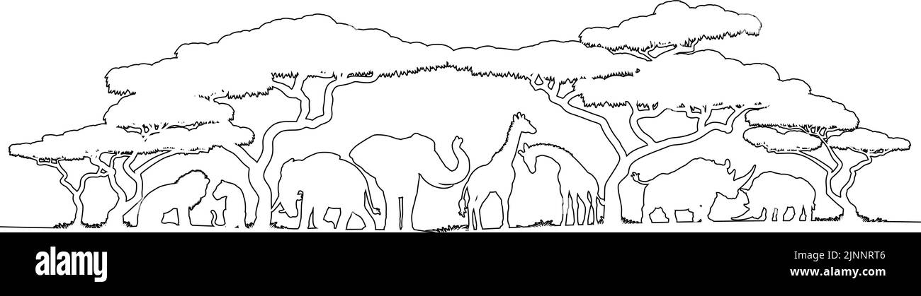 African Animal Africa Safari Scene Line Silhouette Illustration de Vecteur