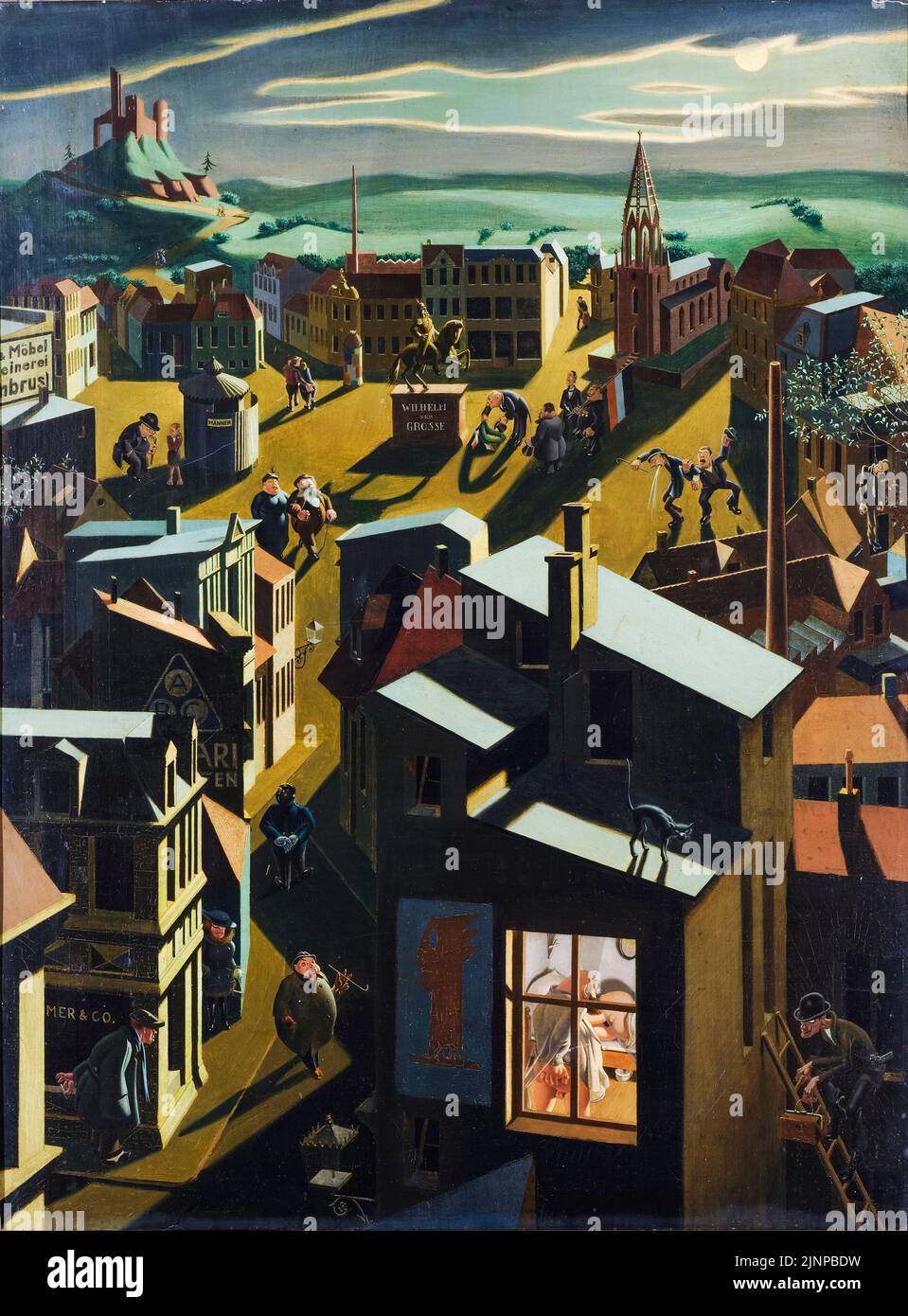 Georg Scholz peinture, petite ville allemande de nuit, huile sur carton, 1923 Banque D'Images