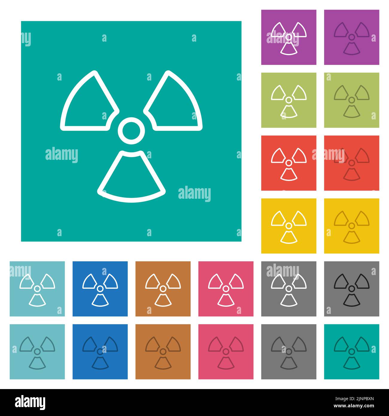 Le contour de rayonnement affiche des icônes plates multicolores sur des fonds carrés simples. Inclut des variantes d'icône blanche et foncée pour les effets de survol ou actifs. Illustration de Vecteur