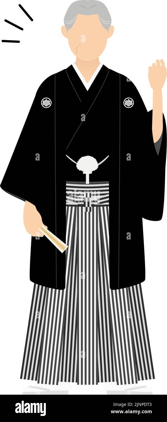 Un homme âgé dans un kimono, portant un hakama à crête, frappe une pose de goys Illustration de Vecteur