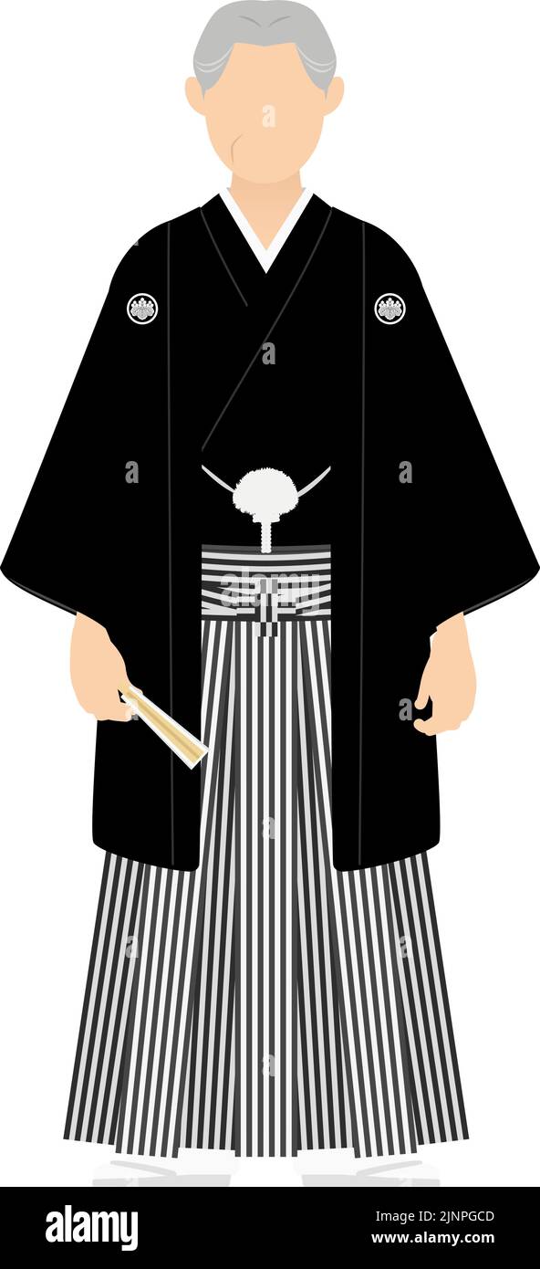 Un homme âgé dans un kimono, portant un hakama à crête, pose avec un ventilateur Illustration de Vecteur